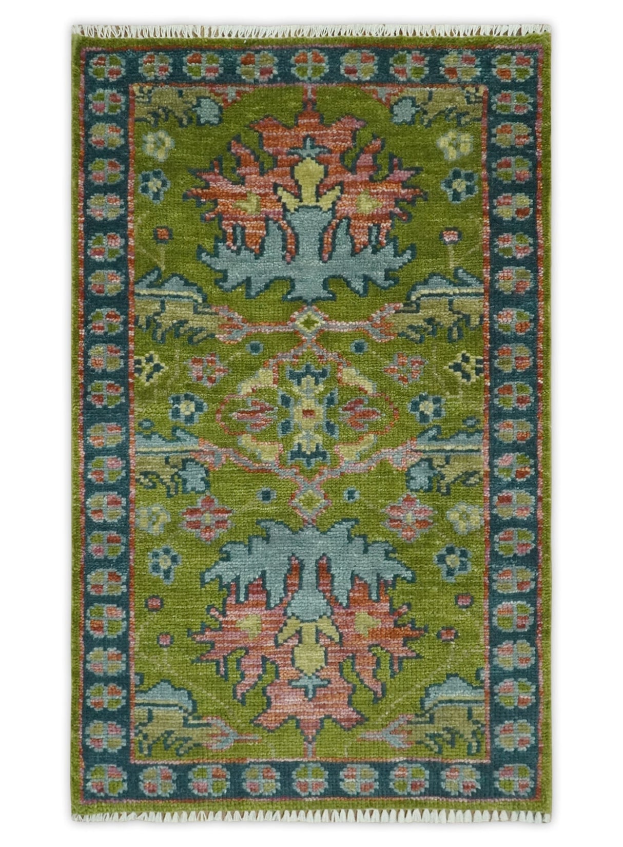 8x10 Green, Blue and Peach Hand Knotted Vibrant Donegal Floral Wool Rug