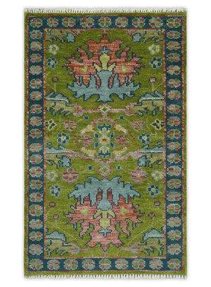 8x10 Green, Blue and Peach Hand Knotted Vibrant Donegal Floral Wool Rug