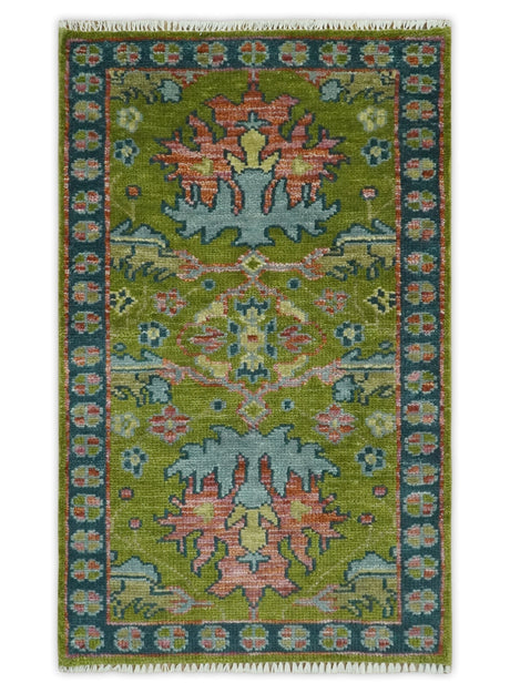 8x10 Green, Blue and Peach Hand Knotted Vibrant Donegal Floral Wool Rug