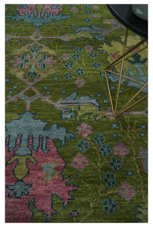 8x10 Green, Blue and Peach Hand Knotted Vibrant Donegal Floral Wool Rug