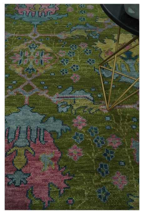 8x10 Green, Blue and Peach Hand Knotted Vibrant Donegal Floral Wool Rug