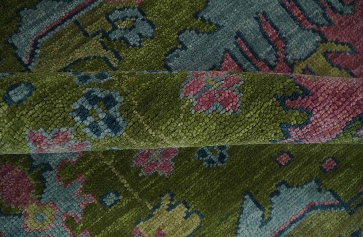 8x10 Green, Blue and Peach Hand Knotted Vibrant Donegal Floral Wool Rug