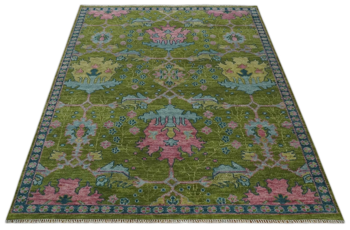 8x10 Green, Blue and Peach Hand Knotted Vibrant Donegal Floral Wool Rug