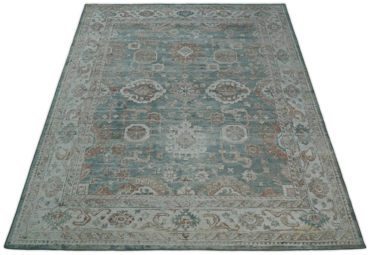 8x10 Green and Ivory Rug | Handmade Floral Area rug made with wool blended with art silk Low Pile | PR03