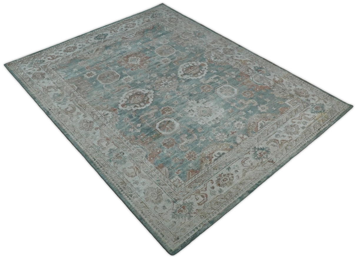8x10 Green and Ivory Rug | Handmade Floral Area rug made with wool blended with art silk Low Pile | PR03