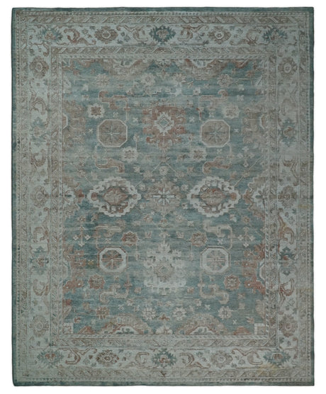 8x10 Green and Ivory Rug | Handmade Floral Area rug made with wool blended with art silk Low Pile | PR03