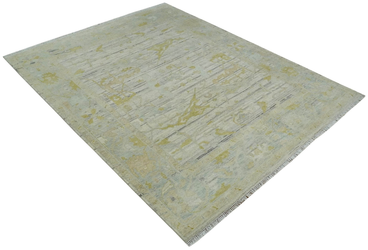 8x10 Hand Knotted Antique Ivory, Silver and Olive Traditional Wool Rug