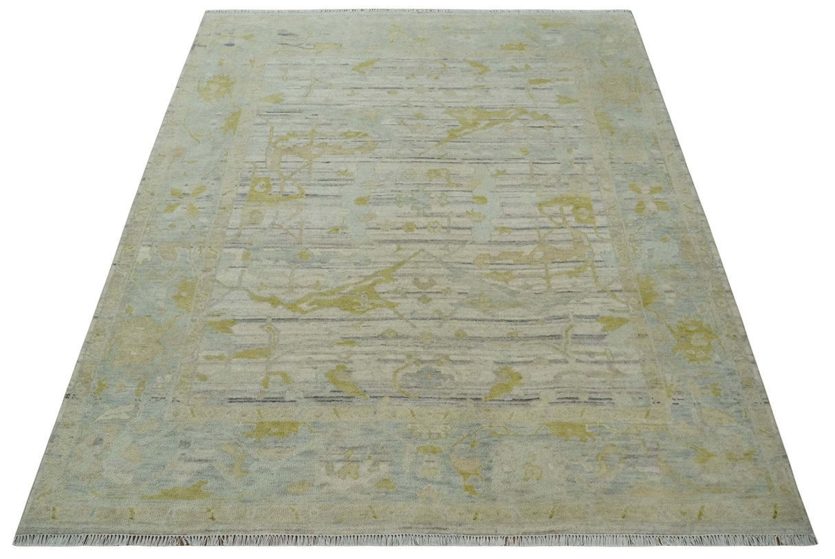 8x10 Hand Knotted Antique Ivory, Silver and Olive Traditional Wool Rug