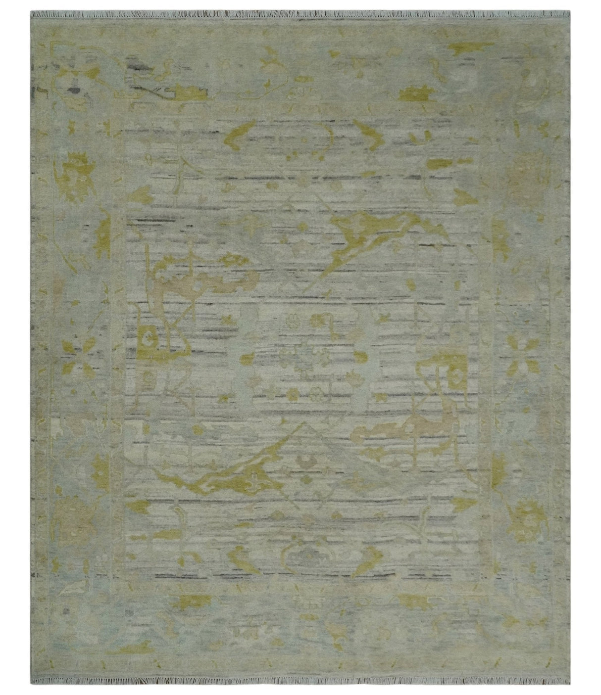 8x10 Hand Knotted Antique Ivory, Silver and Olive Traditional Wool Rug