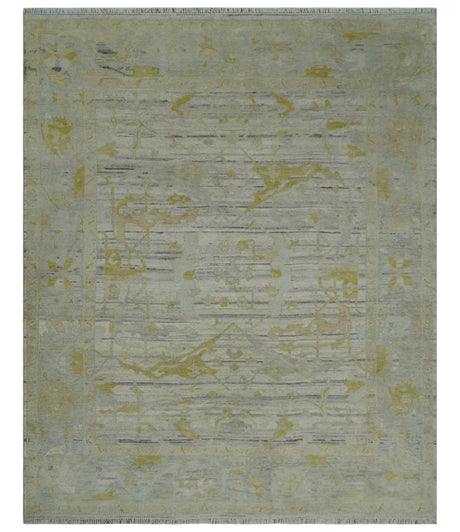 8x10 Hand Knotted Antique Ivory, Silver and Olive Traditional Wool Rug