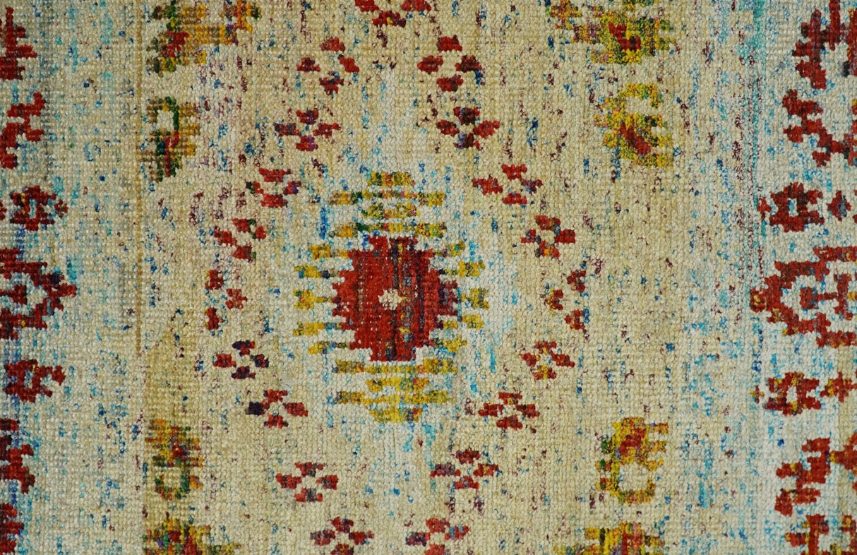8x10 Hand Knotted Beige, Blue and Rust Persian made of Recycled Silk Area Rug | OP19