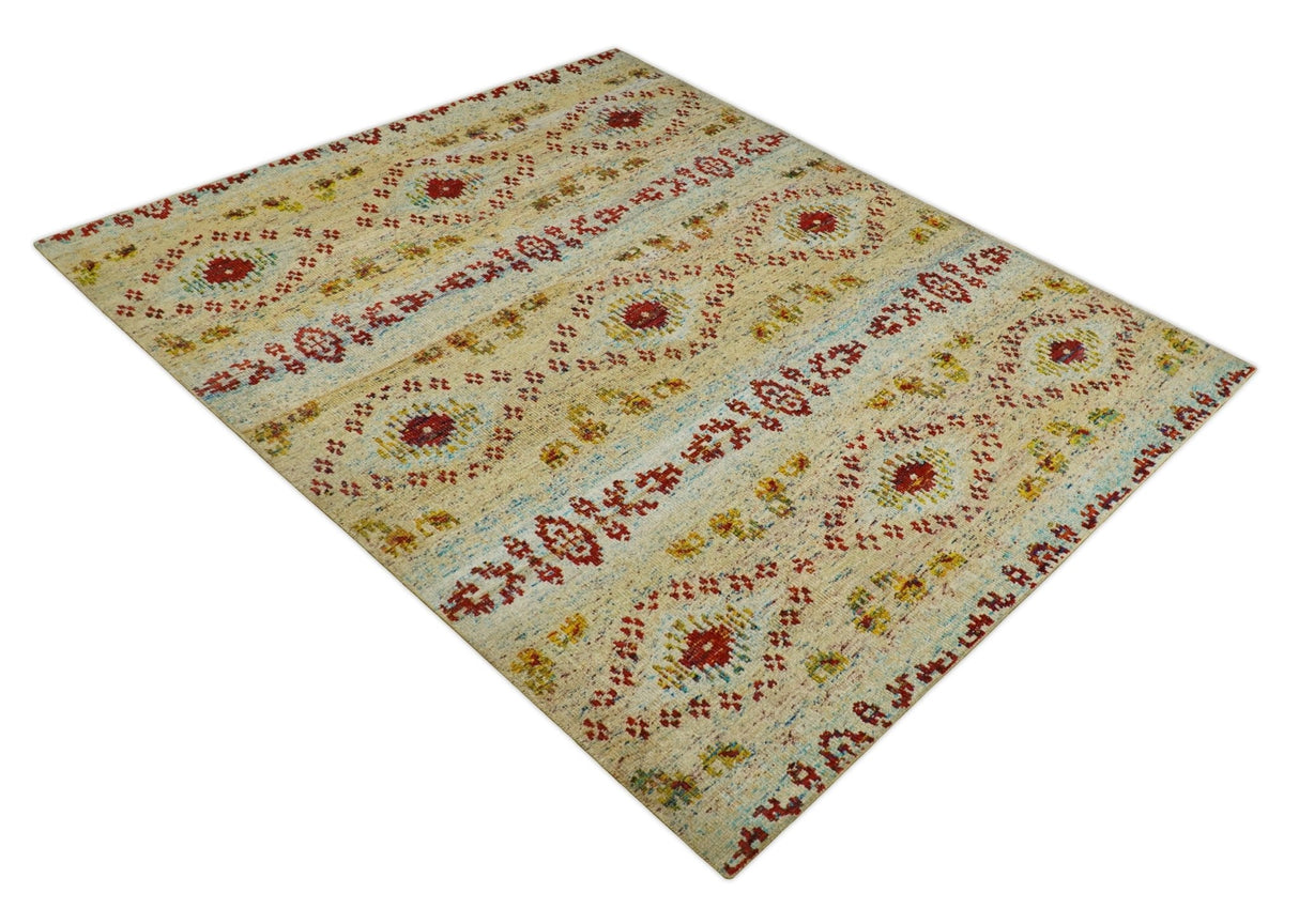8x10 Hand Knotted Beige, Blue and Rust Persian made of Recycled Silk Area Rug | OP19