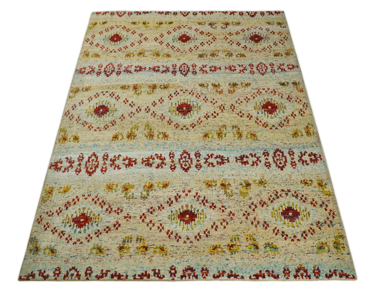 8x10 Hand Knotted Beige, Blue and Rust Persian made of Recycled Silk Area Rug | OP19