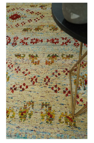 8x10 Hand Knotted Beige, Blue and Rust Persian made of Recycled Silk Area Rug | OP19