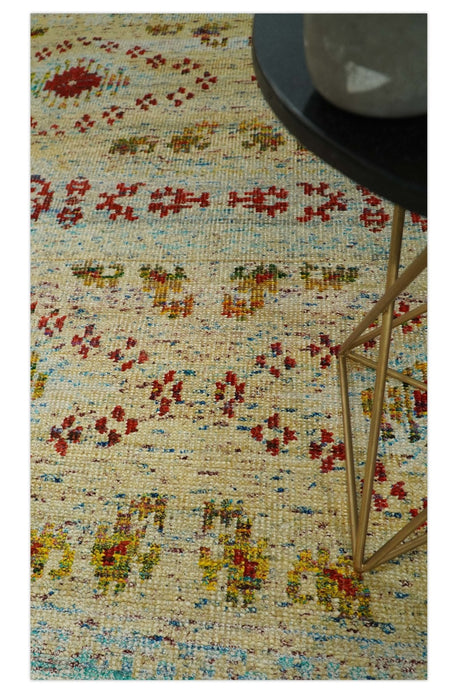 8x10 Hand Knotted Beige, Blue and Rust Persian made of Recycled Silk Area Rug | OP19