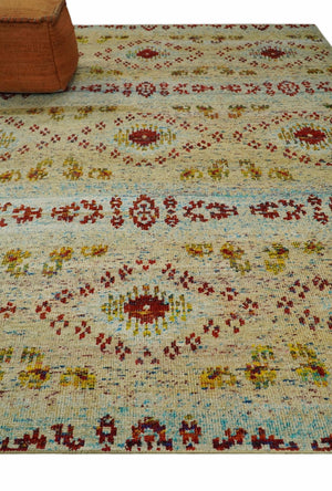8x10 Hand Knotted Beige, Blue and Rust Persian made of Recycled Silk Area Rug | OP19