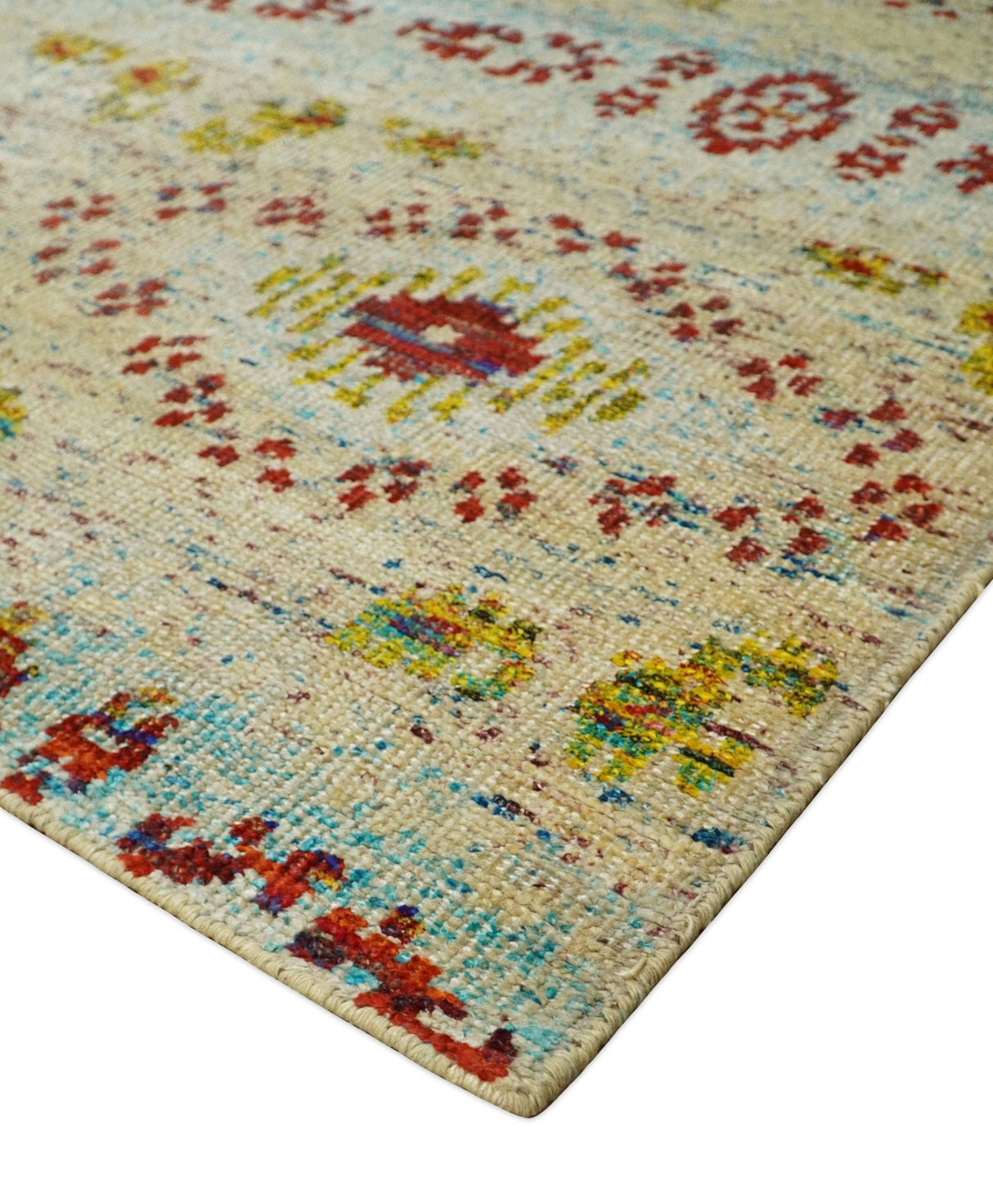 8x10 Hand Knotted Beige, Blue and Rust Persian made of Recycled Silk Area Rug | OP19