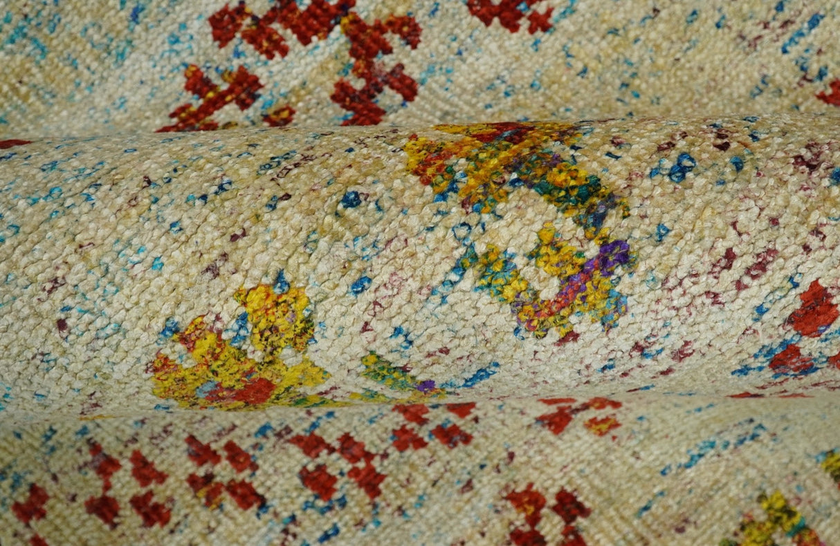 8x10 Hand Knotted Beige, Blue and Rust Persian made of Recycled Silk Area Rug | OP19