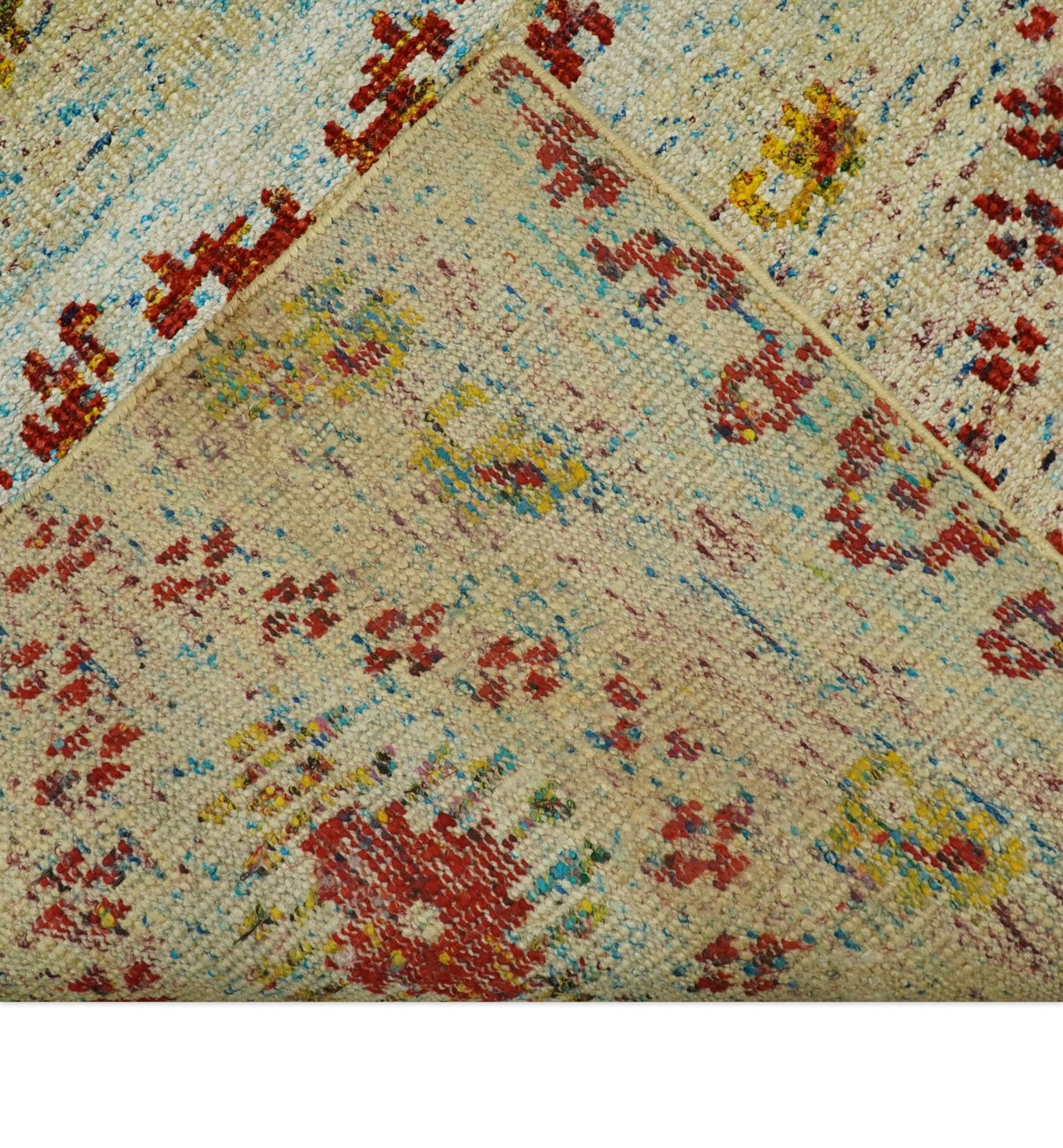 8x10 Hand Knotted Beige, Blue and Rust Persian made of Recycled Silk Area Rug | OP19