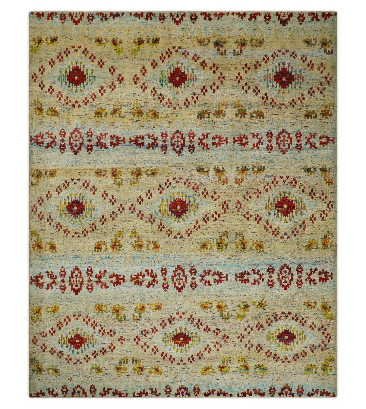 8x10 Hand Knotted Beige, Blue and Rust Persian made of Recycled Silk Area Rug | OP19