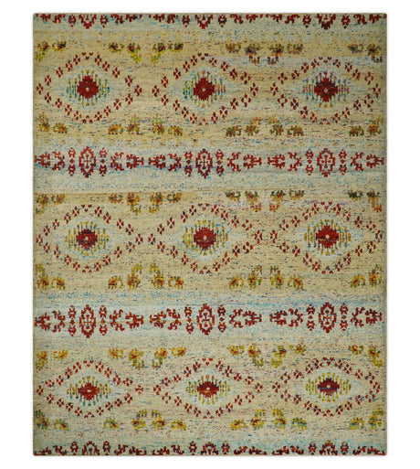 8x10 Hand Knotted Beige, Blue and Rust Persian made of Recycled Silk Area Rug | OP19