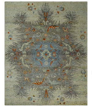 8x10 Hand Knotted Blue, Silver and Beige Antique Persian Style Contemporary Recycled Silk Area Rug | OP30
