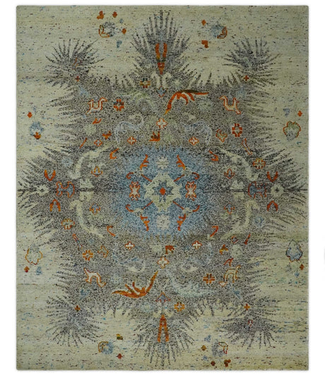 8x10 Hand Knotted Blue, Silver and Beige Antique Persian Style Contemporary Recycled Silk Area Rug | OP30