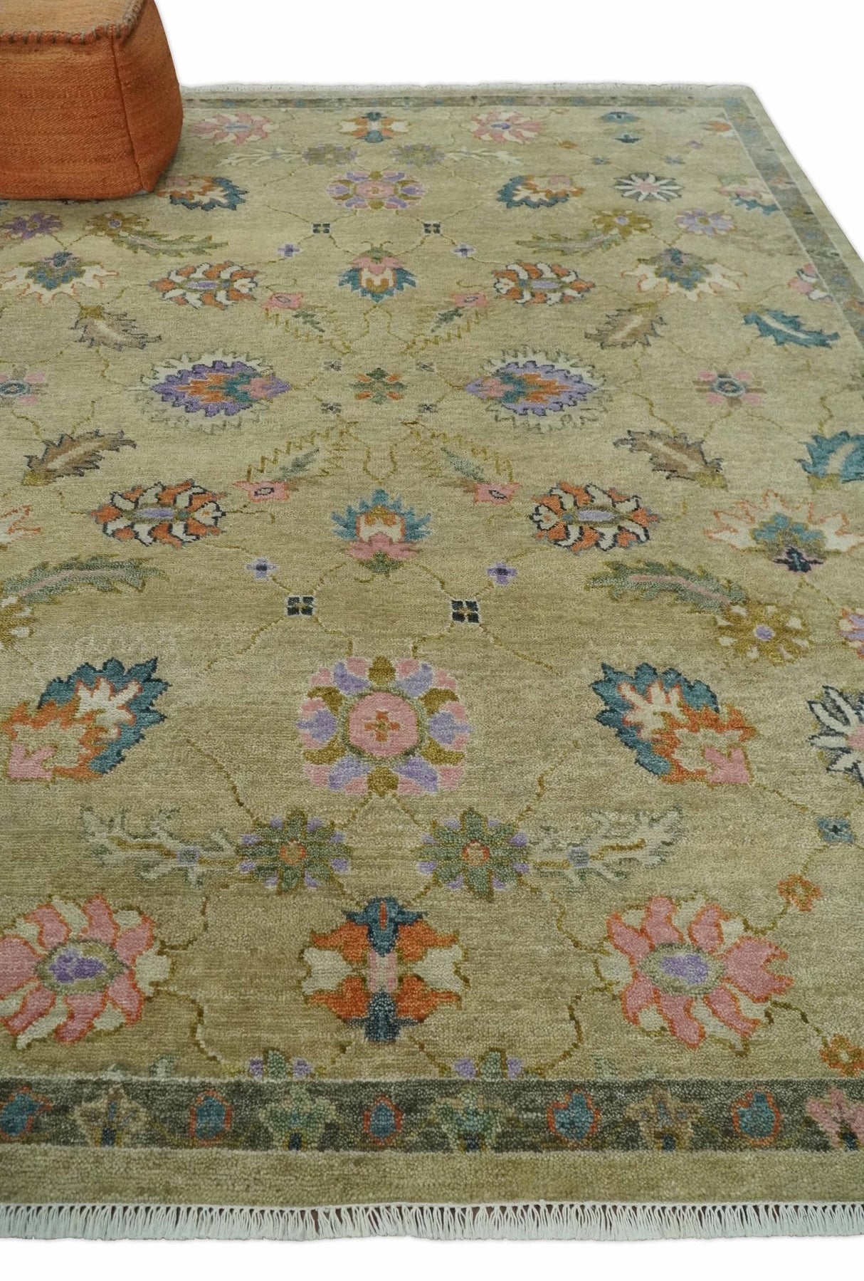 8x10 Hand Knotted Brown and Olive Traditional Vintage Persian Oushak Antique Wool Rug | TRDCP962810