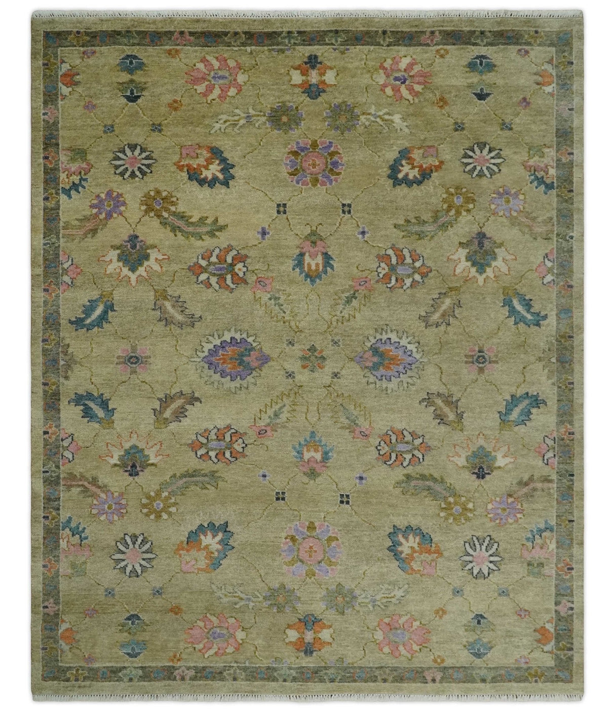 8x10 Hand Knotted Brown and Olive Traditional Vintage Persian Oushak Antique Wool Rug | TRDCP962810