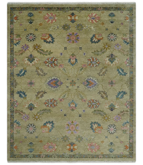 8x10 Hand Knotted Brown and Olive Traditional Vintage Persian Oushak Antique Wool Rug | TRDCP962810