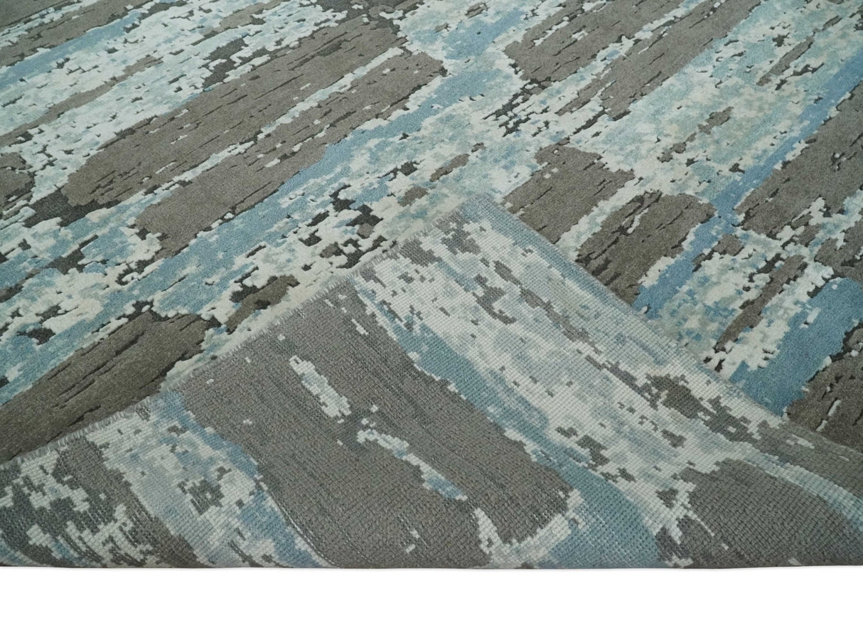 8x10 Hand Knotted Charcoal, Ivory and Aqua Modern Abstract Wool Area Rug