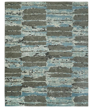 8x10 Hand Knotted Charcoal, Ivory and Aqua Modern Abstract Wool Area Rug