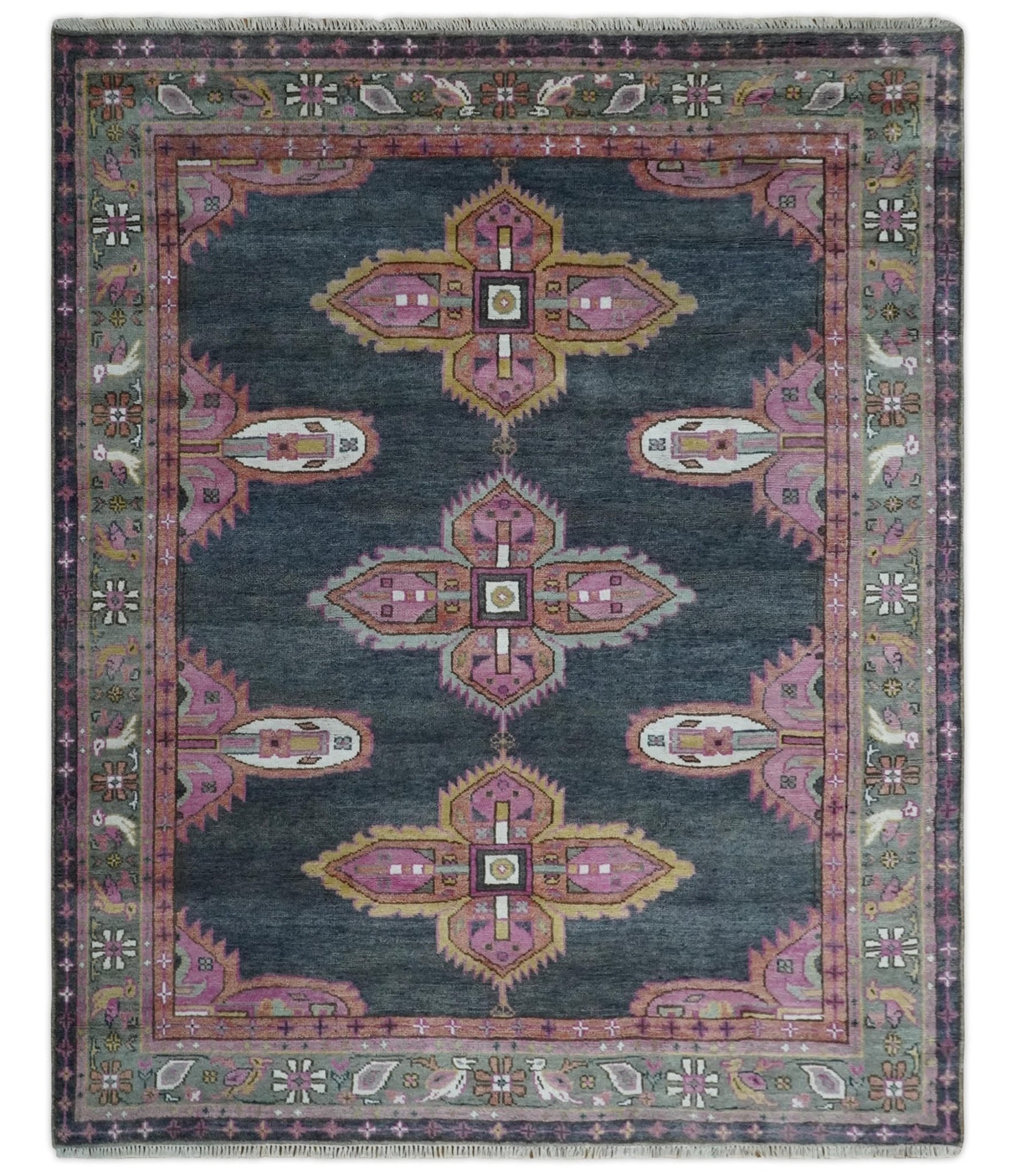 8x10 Hand Knotted Charcoal, Silver and Pink Traditional Wool Area Rug