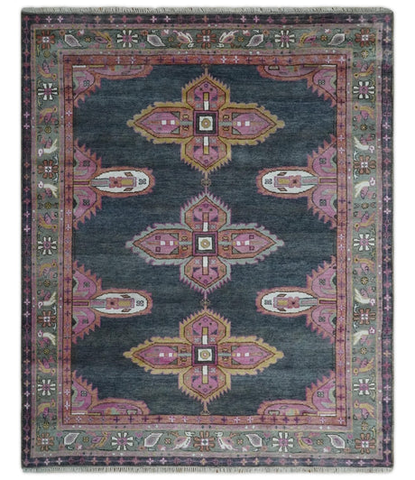 8x10 Hand Knotted Charcoal, Silver and Pink Traditional Wool Area Rug