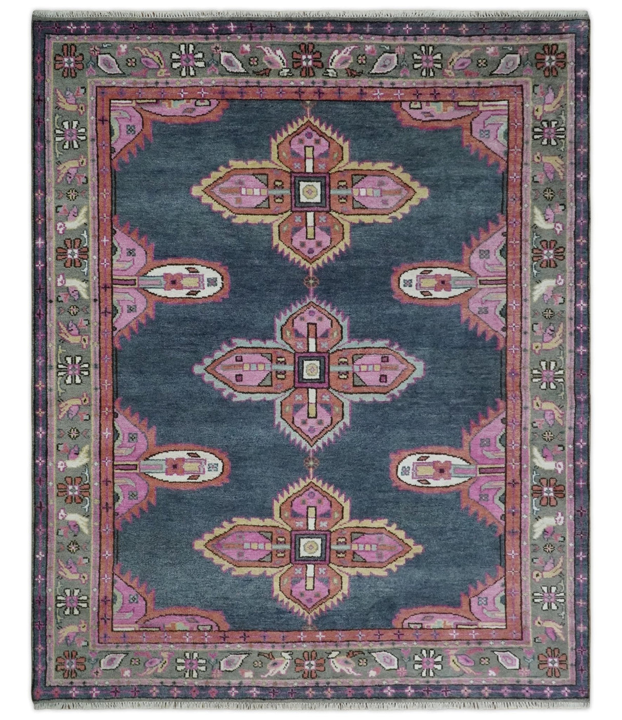 8x10 Hand Knotted Charcoal, Silver and Pink Traditional Wool Area Rug