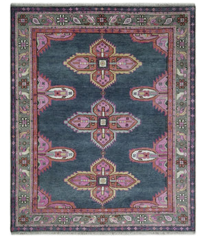 8x10 Hand Knotted Charcoal, Silver and Pink Traditional Wool Area Rug