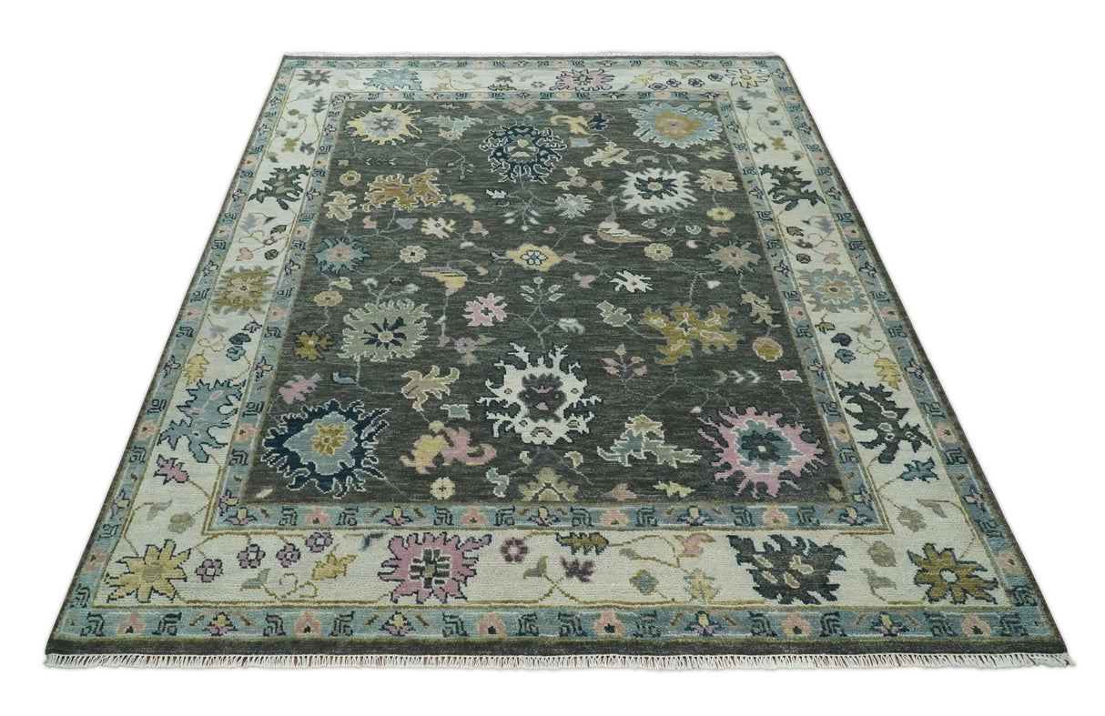 8x10 Hand Knotted Charcoal and Ivory Traditional Vintage Antique Persian Wool Rug | TRDCP891810