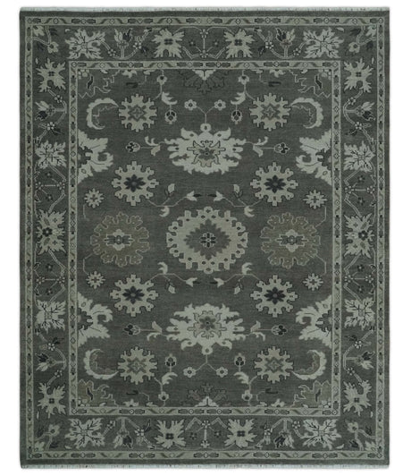 8x10 Hand Knotted Charcoal and Silver Traditional Oushak Wool Rug