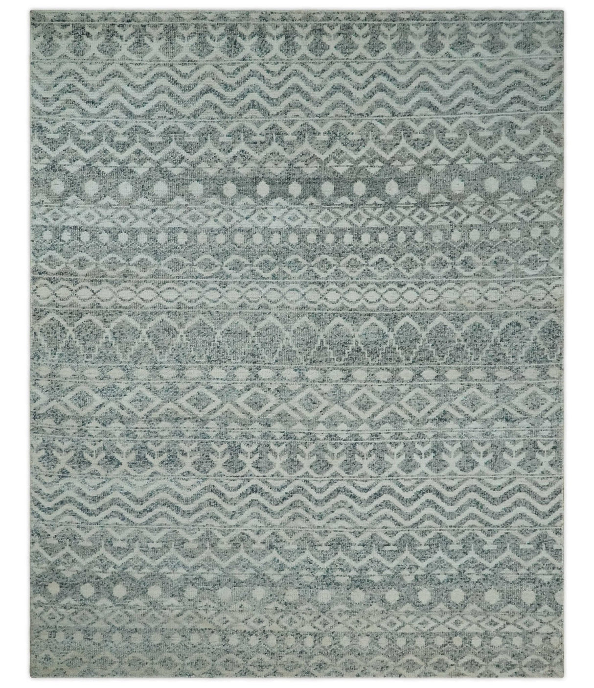 8x10 Hand Knotted Ivory, Gray and Blue Modern Contemporary Southwestern Tribal Trellis Recycled Silk Area Rug | OP40