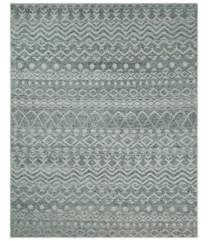 8x10 Hand Knotted Ivory, Gray and Blue Modern Contemporary Southwestern Tribal Trellis Recycled Silk Area Rug | OP40