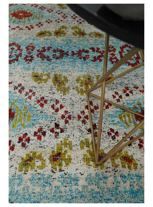 8x10 Hand Knotted Ivory, Red and Blue Persian made of Recycled Silk Area Rug | OP53