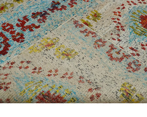 8x10 Hand Knotted Ivory, Red and Blue Persian made of Recycled Silk Area Rug | OP53