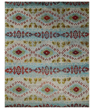 8x10 Hand Knotted Ivory, Red and Blue Persian made of Recycled Silk Area Rug | OP53
