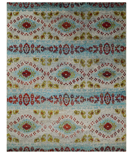 8x10 Hand Knotted Ivory, Red and Blue Persian made of Recycled Silk Area Rug | OP53