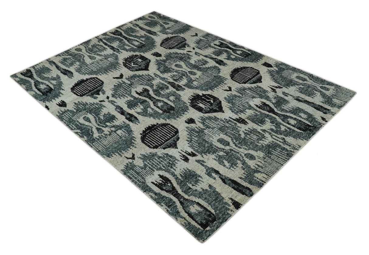 8x10 Hand Knotted Ivory, Teal and Black Antique Persian Style Contemporary Recycled Silk Area Rug | OP39