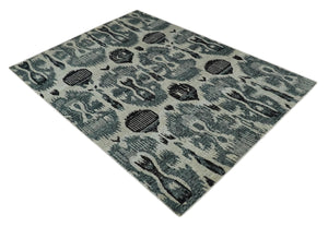8x10 Hand Knotted Ivory, Teal and Black Antique Persian Style Contemporary Recycled Silk Area Rug | OP39