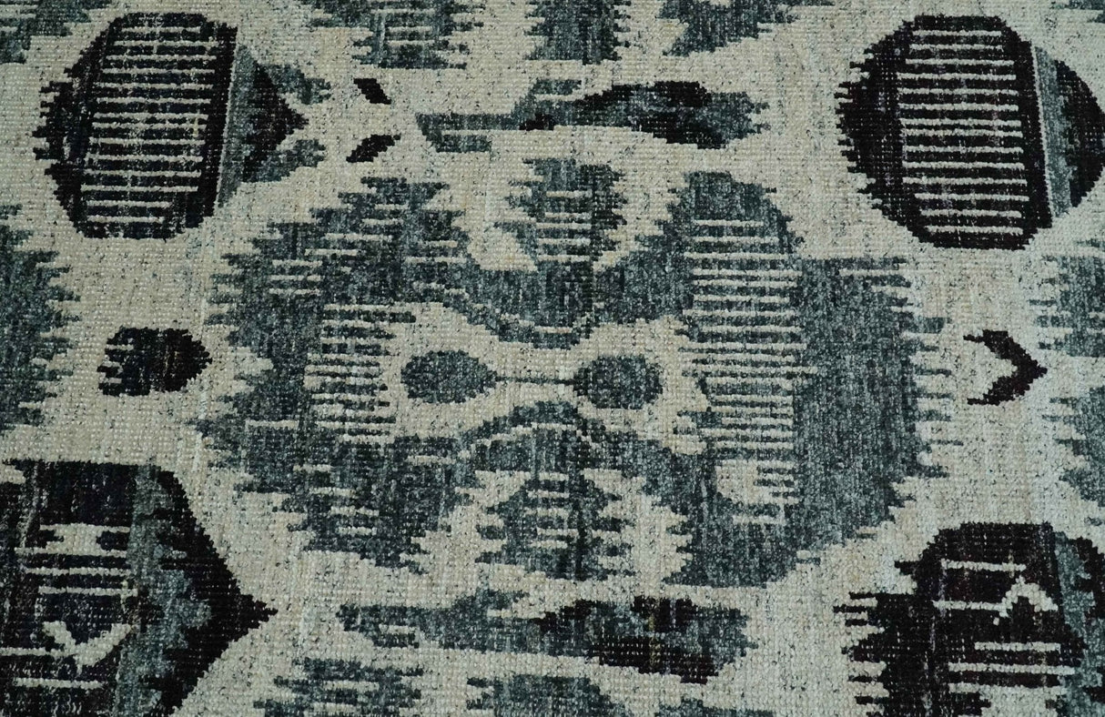 8x10 Hand Knotted Ivory, Teal and Black Antique Persian Style Contemporary Recycled Silk Area Rug | OP39