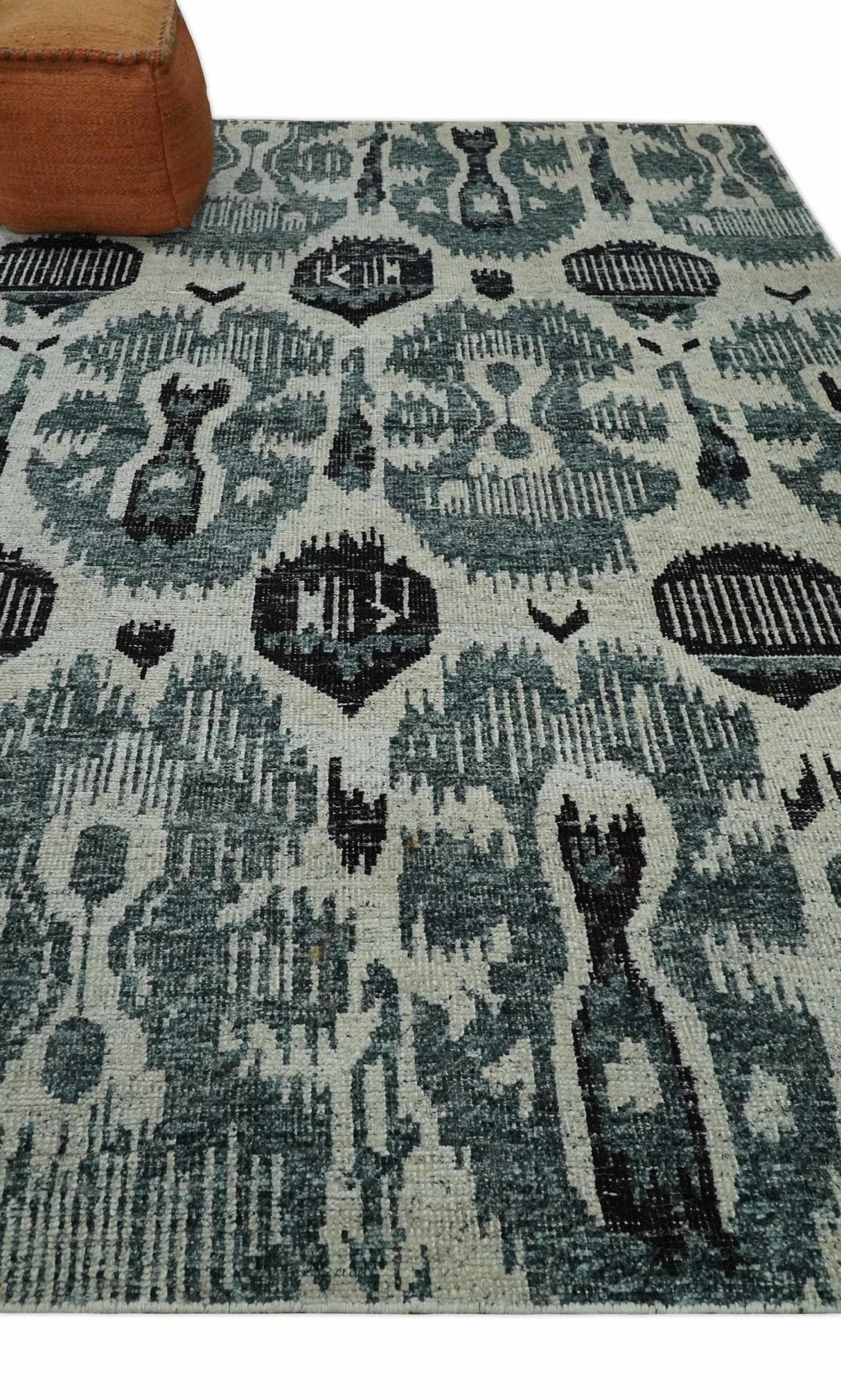8x10 Hand Knotted Ivory, Teal and Black Antique Persian Style Contemporary Recycled Silk Area Rug | OP39