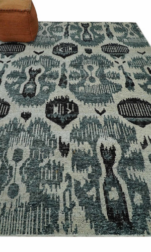8x10 Hand Knotted Ivory, Teal and Black Antique Persian Style Contemporary Recycled Silk Area Rug | OP39