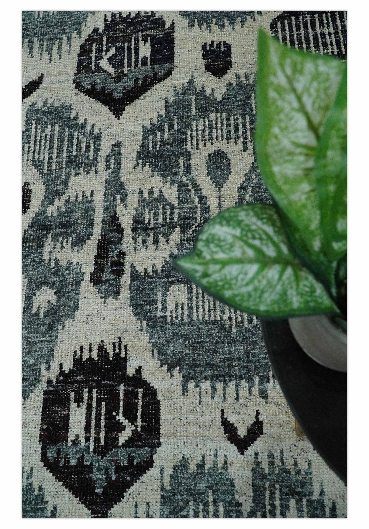 8x10 Hand Knotted Ivory, Teal and Black Antique Persian Style Contemporary Recycled Silk Area Rug | OP39